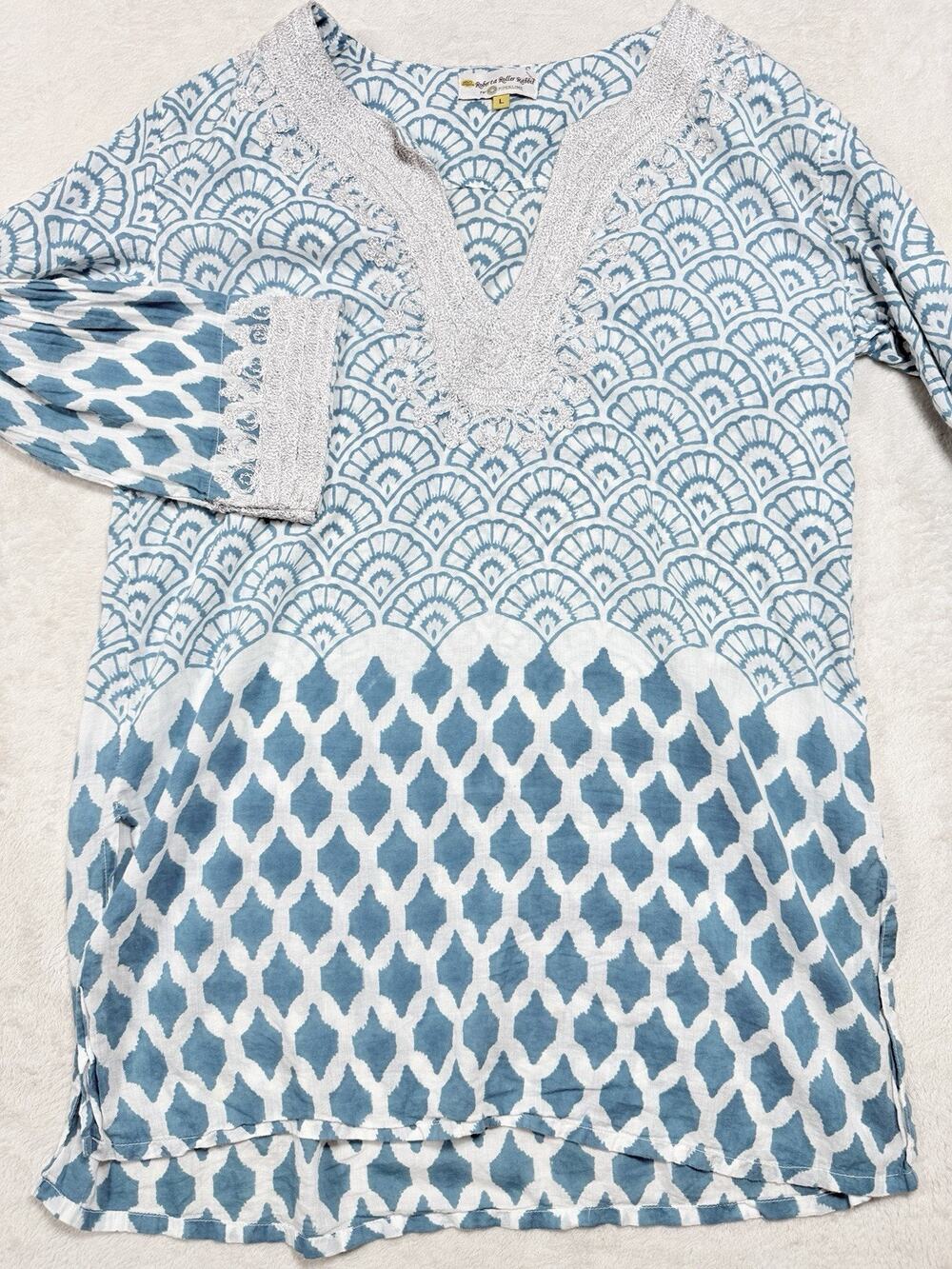 Roberta Roller Rabbit Piperlime Blue Block Print Cotton Tunic Embroider Dress Lg